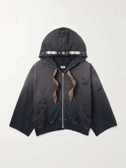 Distressed Cotton Zip Up Hoodie