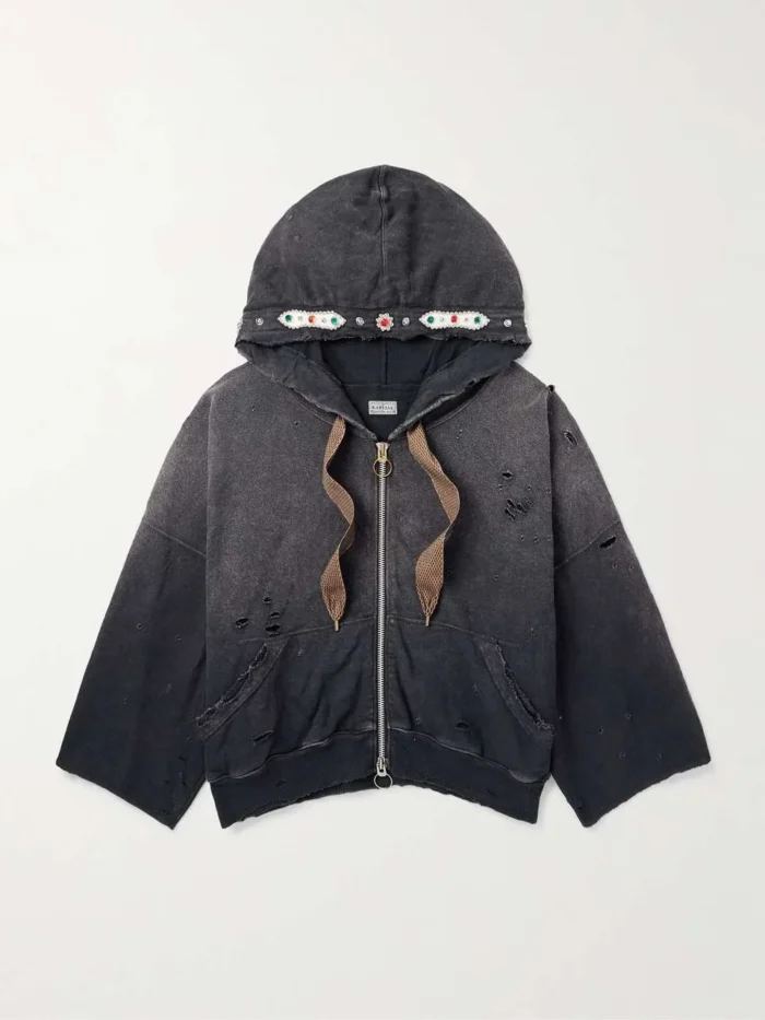 Distressed Cotton Zip Up Hoodie